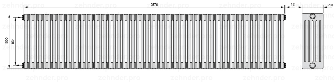 Схема (чертеж) Радиатор Zehnder Charleston 6100/56 №1270 Белый глянцевый RAL 9016